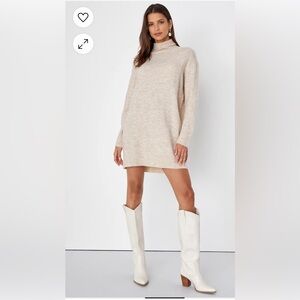 Lulus Positively Charming Heather Beige Turtleneck Mini Sweater Dress